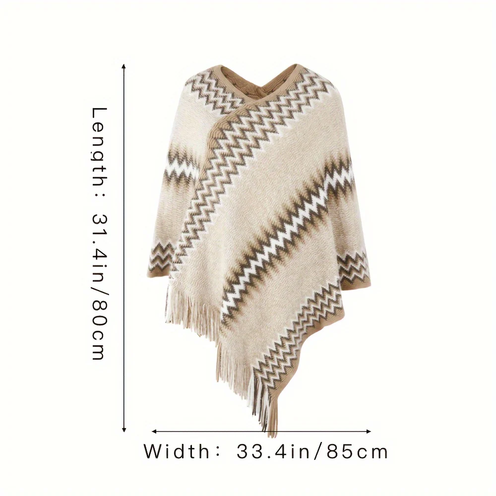 deanwangkt Boho Wave Stripes Knit Pullover Poncho Imitation Cashmere Thick Soft Warm Tassel Shawl Autumn Winter Travel Windproof Coldproof Cloak - Deanwangkt