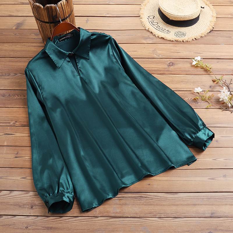 Autumn Elegant Lantern Long Sleeve Satin Blouses Women Casual Office Lapel Shirts  Fashion Hollow Neckline Tunic Tops - Deanwangkt