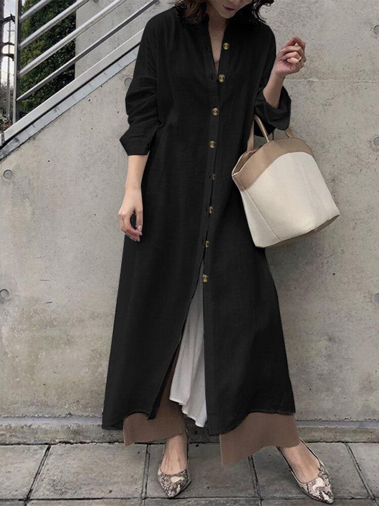 deanwangkt Women Casual Solid Color Stand Collar Long Sleeve Button Shirt Dress - Deanwangkt