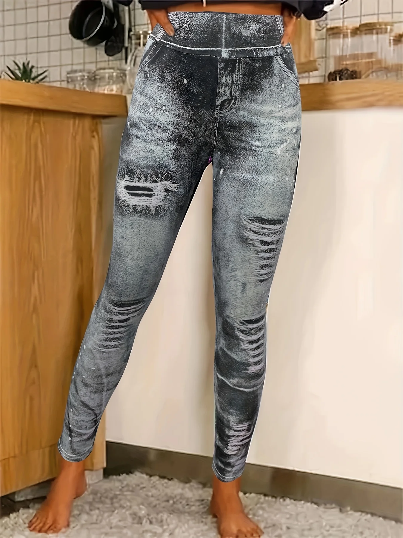 deanwangkt Faux Denim Stretch Sports Leggings, Tummy Control Butt Lifting Workout Running Yoga Tight Pants, Women's Activewear - Deanwangkt