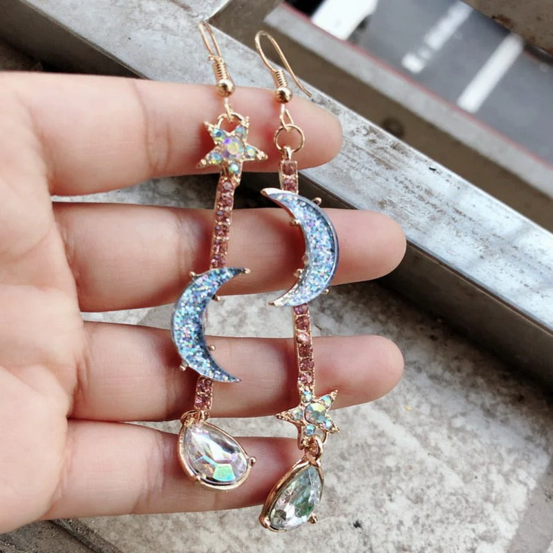 Korean Exquisite Planet Moon Butterfly Tassel Earrings for Women Sparkling Crystal Asymmetrical Drop Earrings Girl Party Jewelry - Deanwangkt