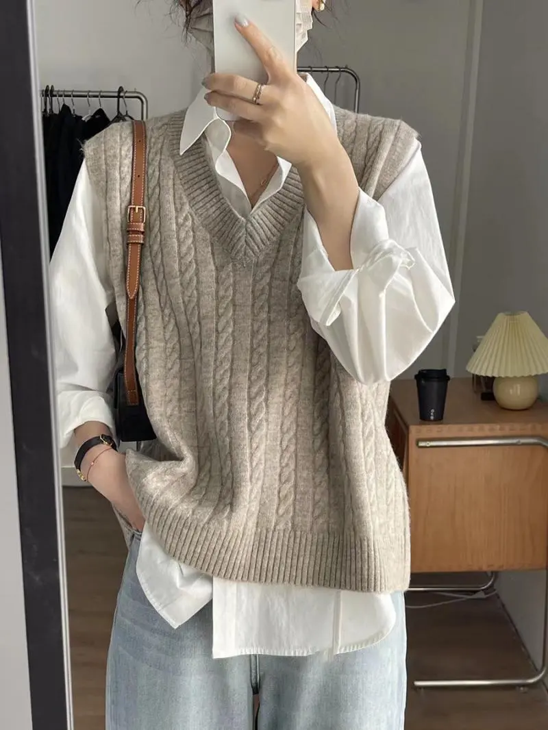 deanwangkt V Neck Knitted Vest Sweater Sleeveless Women Khaki Casual Pullover Black Autumn Winter Gray Jumper Fashion - Deanwangkt