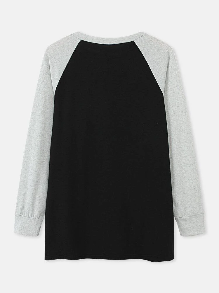 deanwangkt Women Cat Print Round Neck Casual Raglan Sleeve Blouses - Deanwangkt