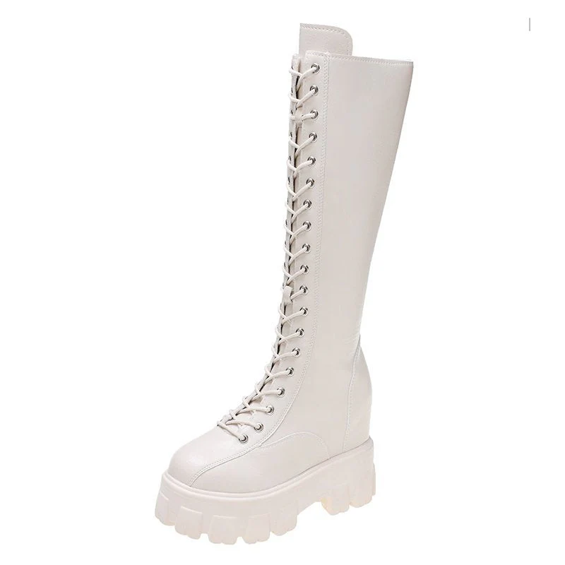 DEANWANGKT Women's Boots High Top  Chunky Platform Pu Over-the-Knee High Boots Women Retro Punk Increasing Long Shoes Woman Shoes - Deanwangkt