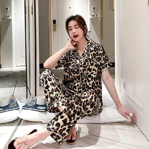 Newest Silk Pajamas for Women Sweet Leopard Pyjamas Woman Elegant Short Sleeve Long Pant Homewear Ladies Sleepwear Sets - Deanwangkt