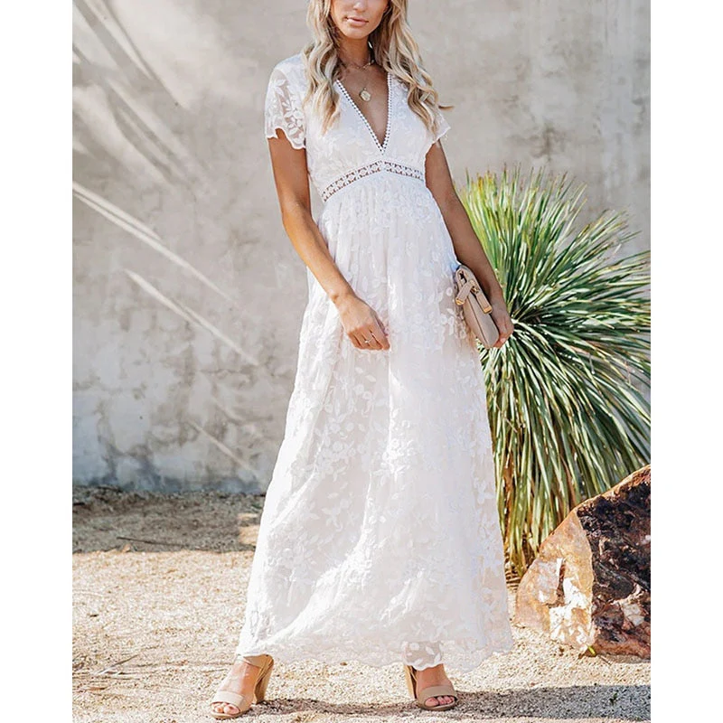 Summer Boho Women Maxi Dress Embroidery Short Sleeve Vocation Sexy White Lace Tunic Long Beach Dress - Deanwangkt