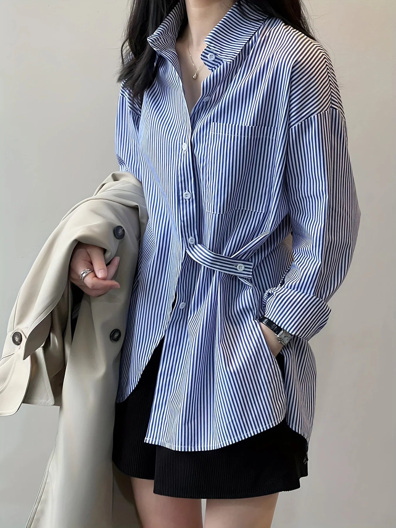 Striped Print Split Shirt, Casual Button Front Long Sleeve Shirt, Women's Clothing - Deanwangkt