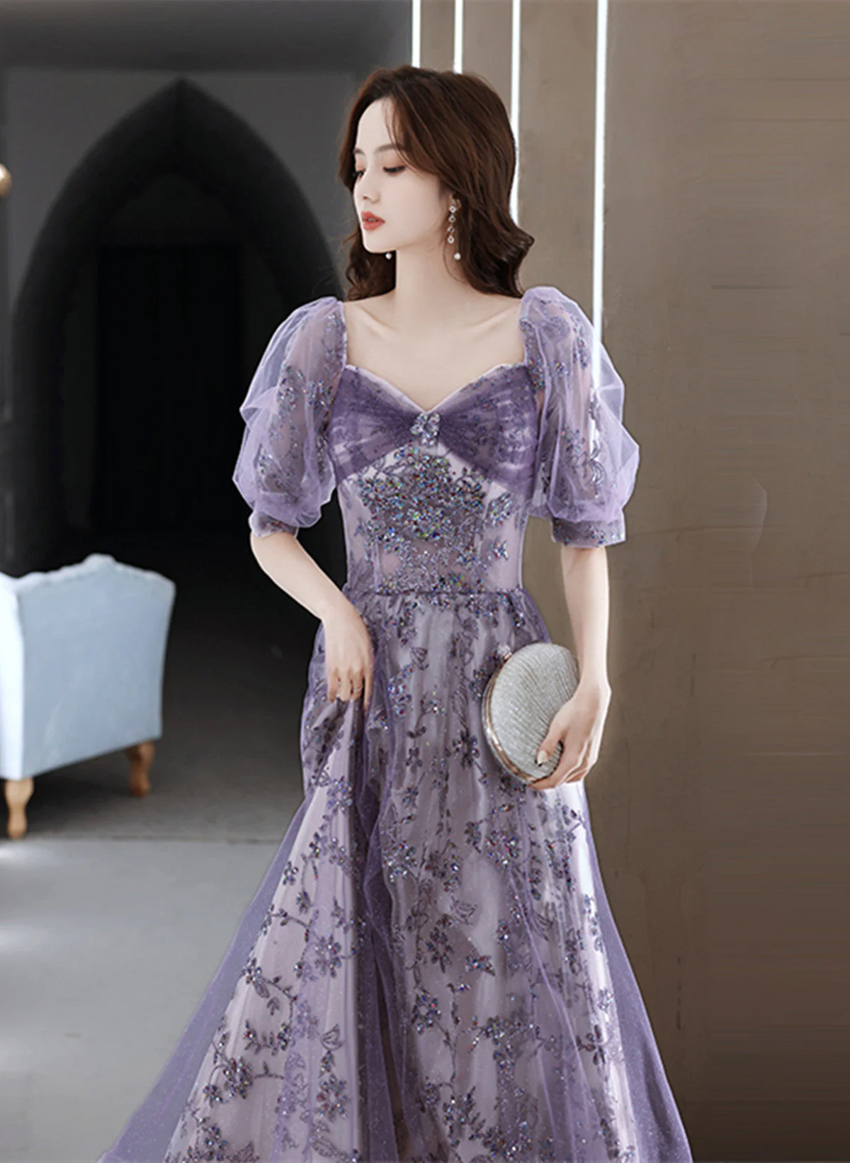 Solvbao Purple A-line Tulle Long Party Dress, Purple Lace Short Sleeves Formal Dress - Deanwangkt