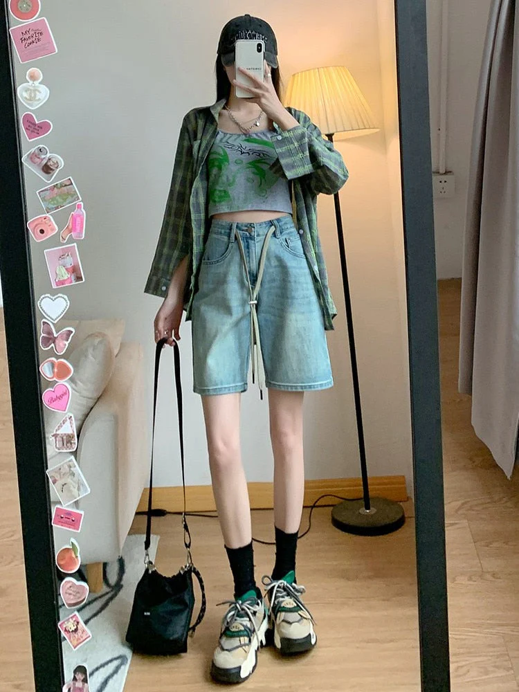 deanwangkt Summer High Waist Elastic Quarter Jeans Shorts For Women Loose Slim Straight Short Pants - Deanwangkt