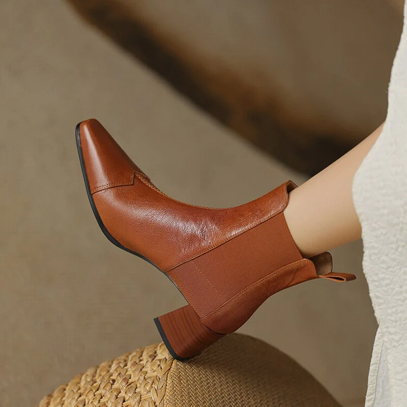 deanwangkt  Autumn Shoes   Autumn Women Boots Square Toe Chunky Heel Short Boots Women Genuine Leather Shoes for Women Slip-on Boots Pleated Ladies Shoes - Deanwangkt