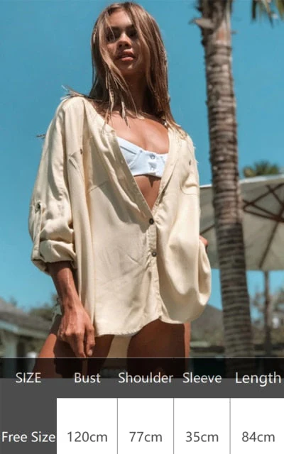 Sexy New Shirt Beach Up White Beach Dress Loose Blouse Tunic Pocket Long Sleeve Swimsuit Cover Up Casual Beachwear - Deanwangkt