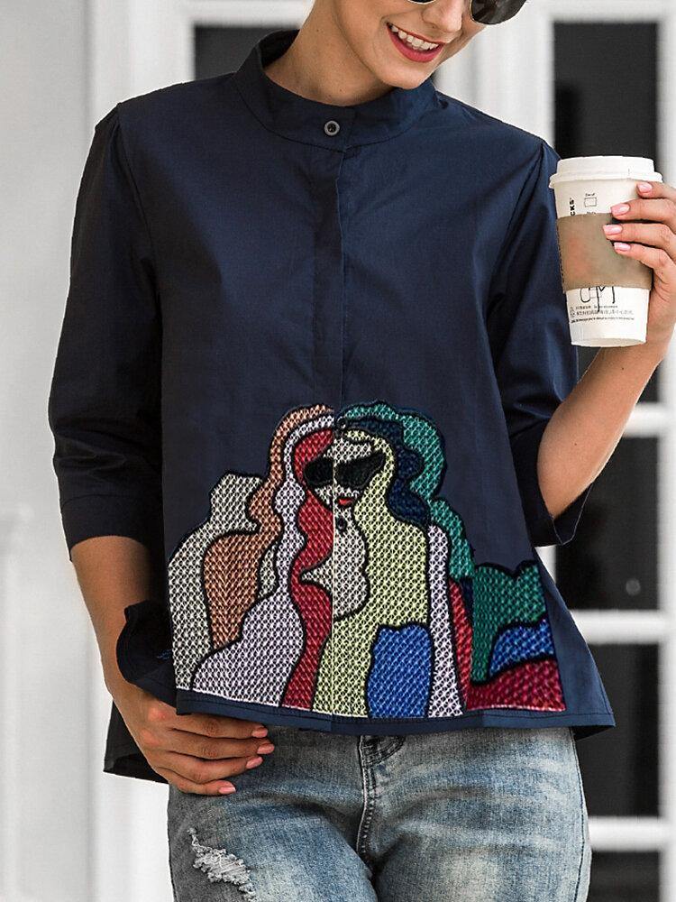 deanwangkt Funny Embroidered Button Stand Collar 3/4 Sleeves Casual Blouse For Women - Deanwangkt