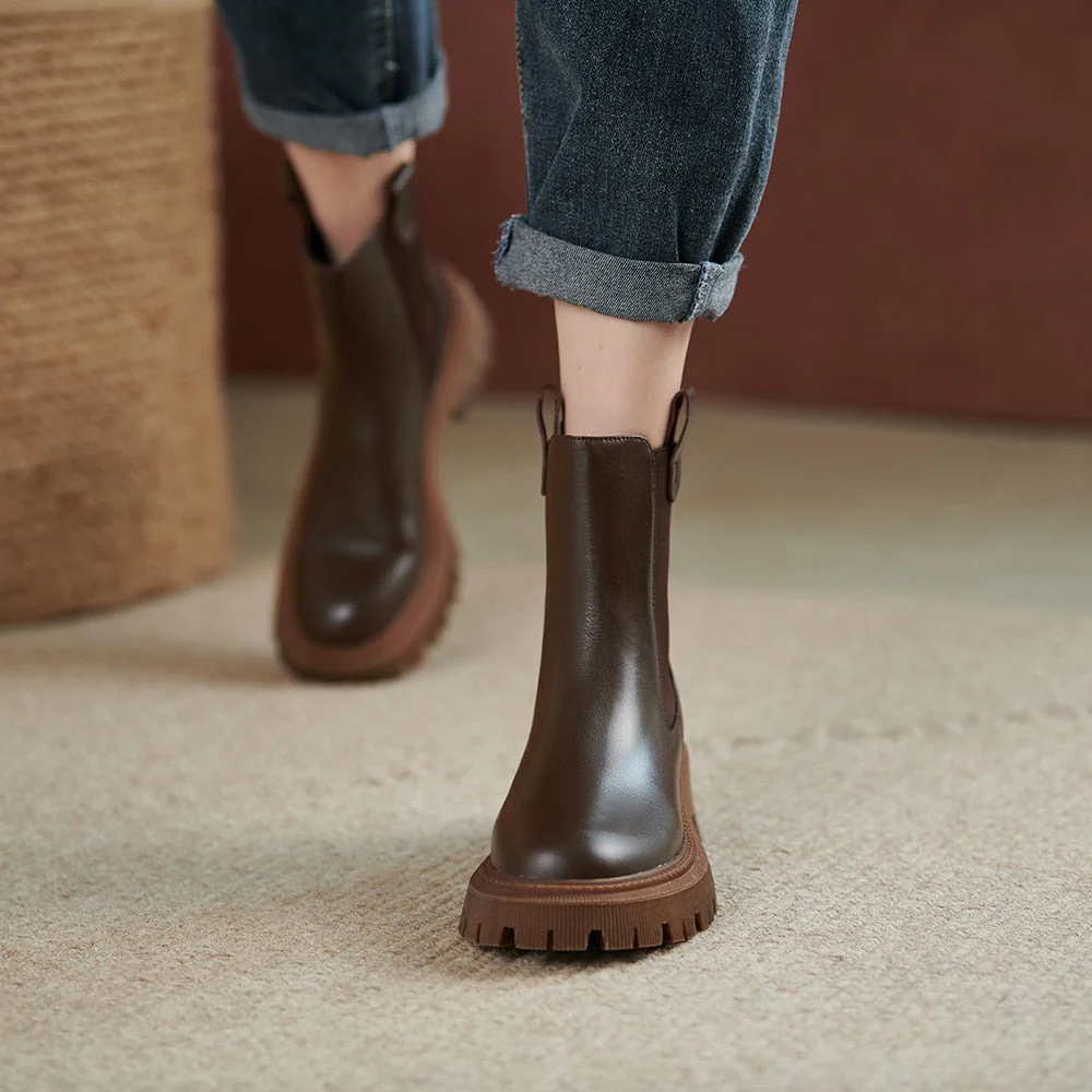 DEANWANGKT WHNB  New Cow Leather Chelsea Boots Women Slip on Ankle Boots Brown Fashion Genuine Leather Boots Ladies Fashion Shoes - Deanwangkt