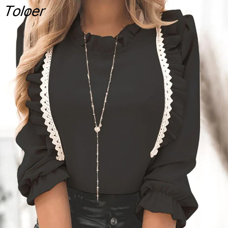 deanwangkt Women's Shirts Lace Ruffles Blouse Elegant Long Lantern Sleeve Shirt Female Top Winter Autumn Office Casual Fashion Ladies Tops - Deanwangkt