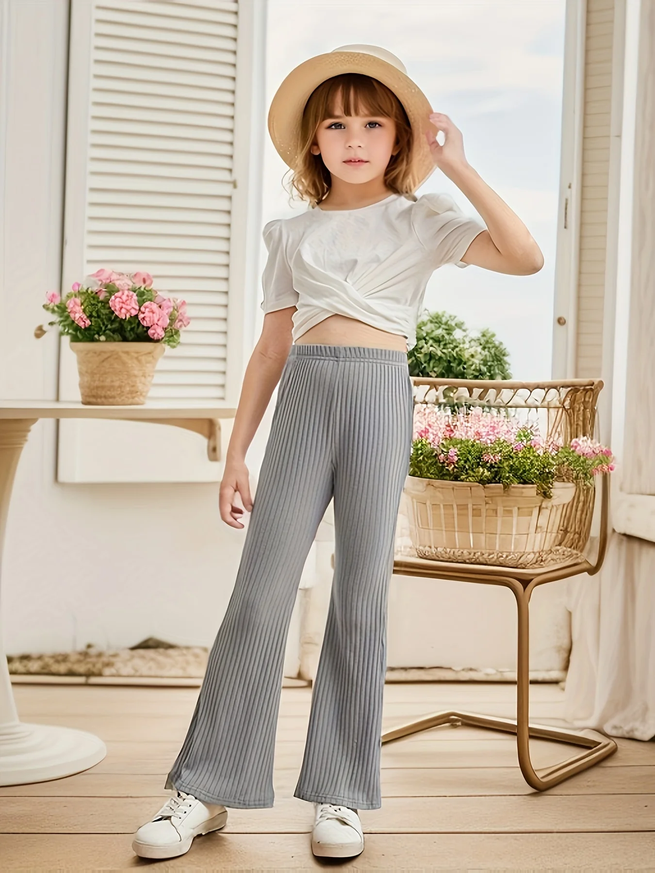 Girls' Elastic High Waist Flare Bell Bottom Ribbed Knit Long Pants. Kids Clothing - Deanwangkt