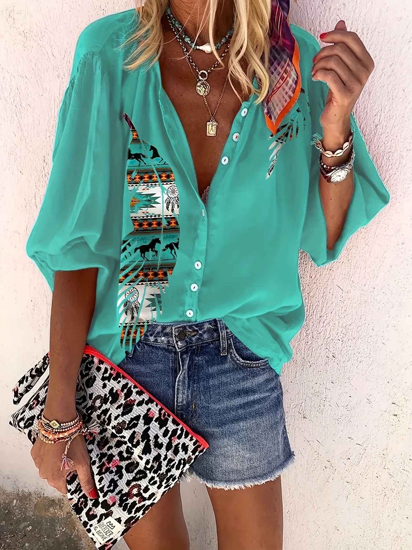 Western Geo Print Blouse, Casual Button V Neck 3/4 Sleeve Blouse For Spring & Summer, Women's Clothing - Deanwangkt