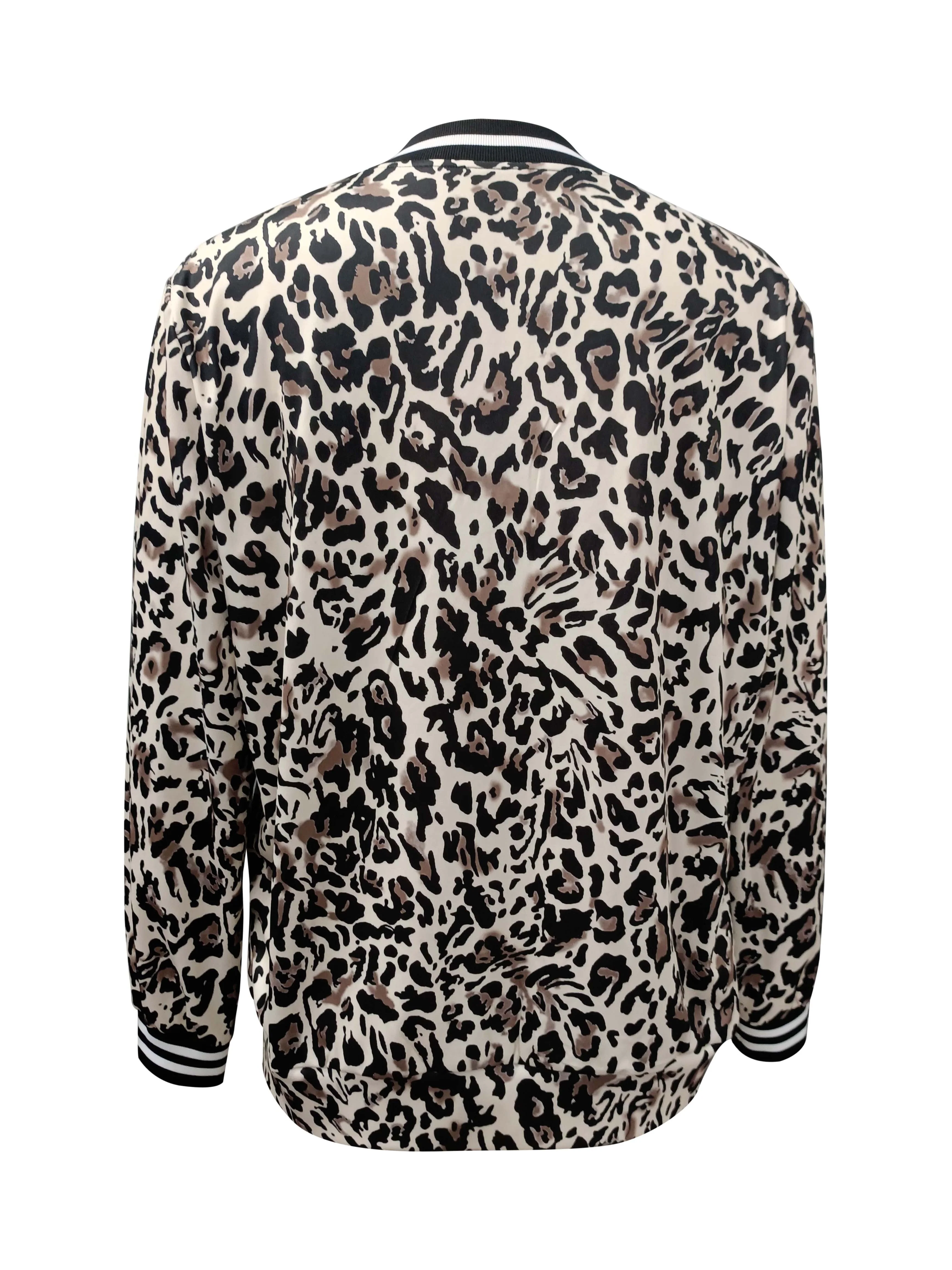 Leopard Print Bomber Jacket, Casual Zip Up Long Sleeve Outerwear, Women's Clothing - Deanwangkt