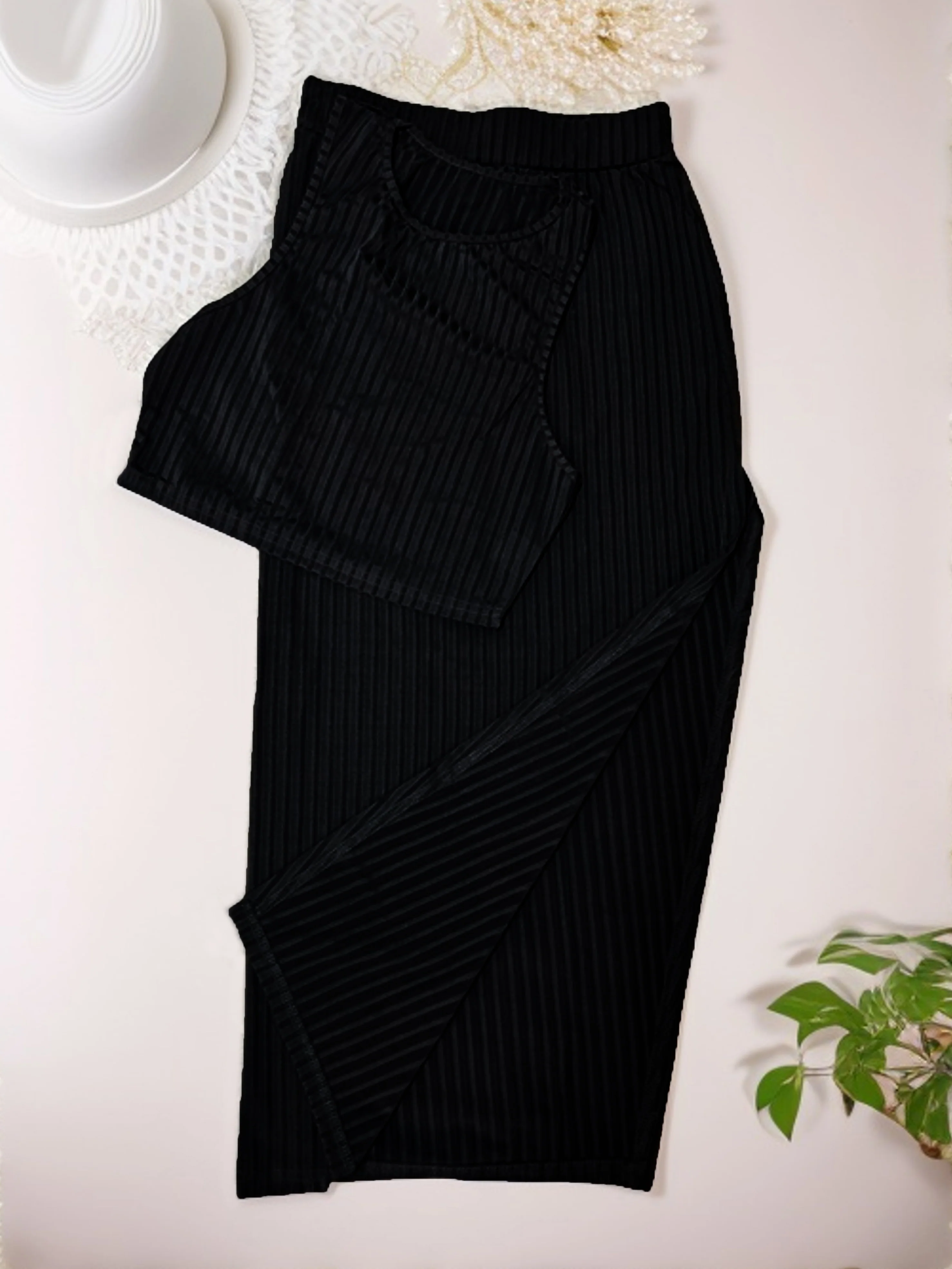 Sexy Matching Two-piece Skirt Set, Crop Tank Top & Split Skirt Outfits, Women's Clothing - Deanwangkt