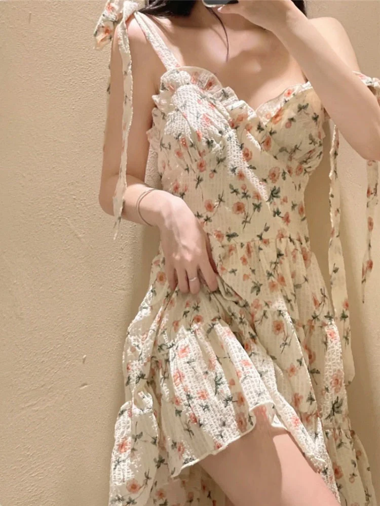 Casual Beach Straps Dress Women Slim  Summer Sweet Elegant Y2k Mini Dress Fairy Sleeveless Floral One Piece Dress Korean - Deanwangkt