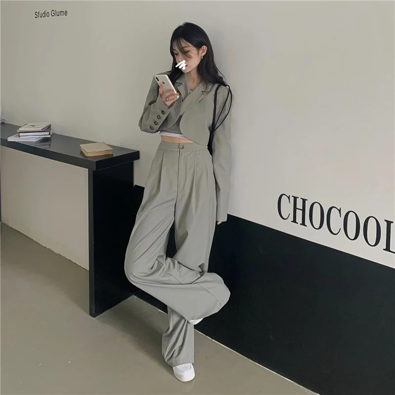Korean summer Two Piece Set Women Crop Top Sexy Lace-up Blazer Coat + High Waist Pants Suit Sets Streetwear 2 Piece Sets Women - Deanwangkt