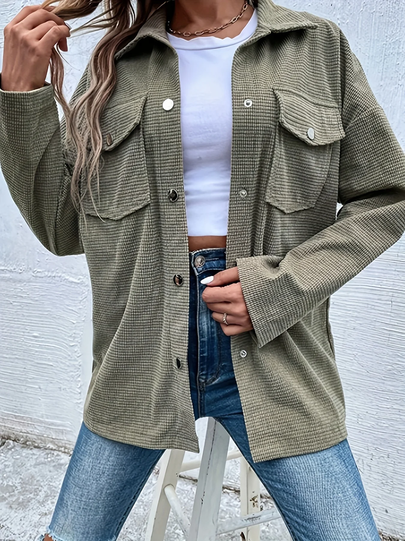 Waffle Solid Shirt, Casual Button Front Long Sleeve Shirt, Women's Clothing - Deanwangkt