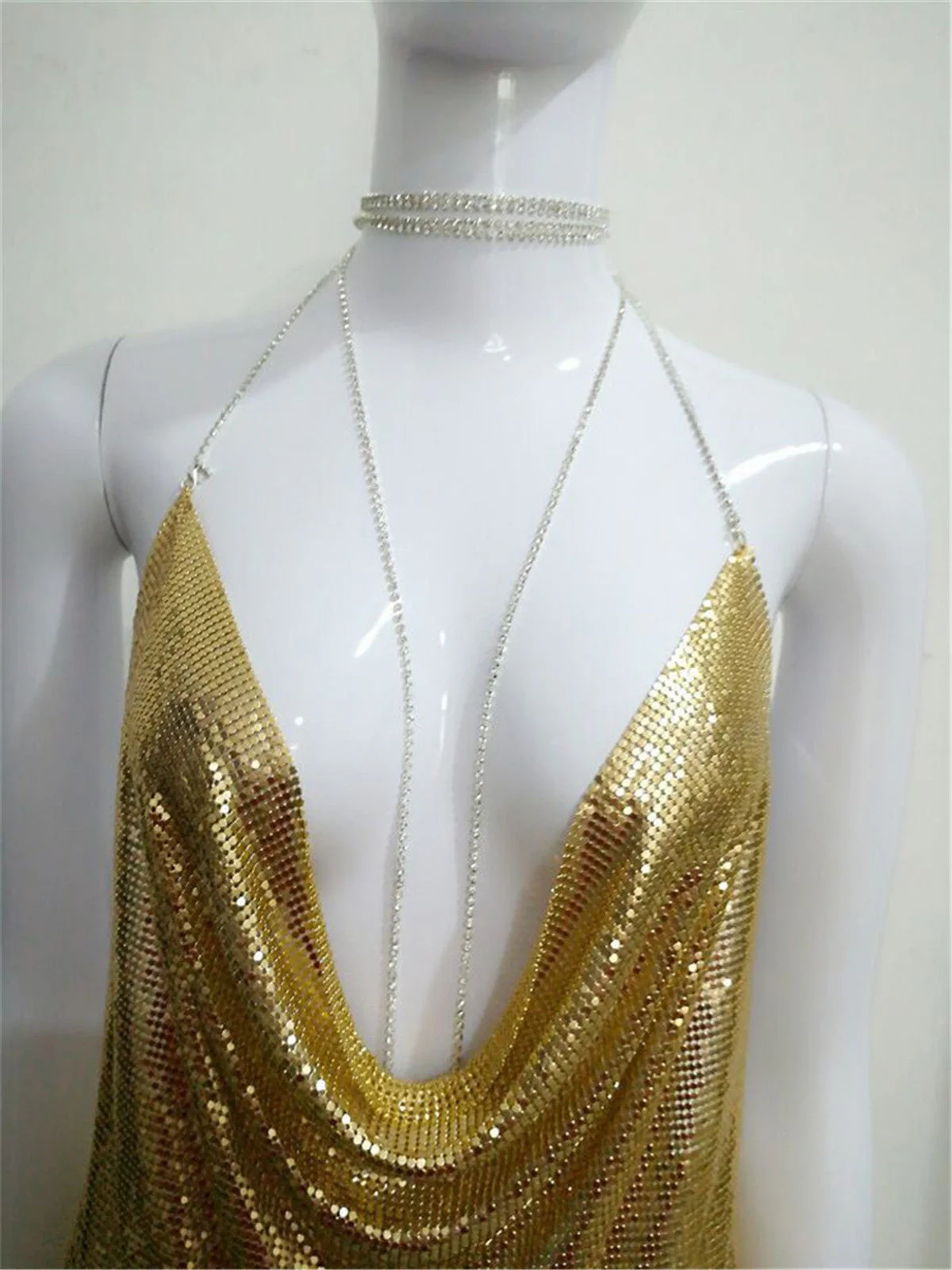 SRUBY Sexy Backless Metal Party Summer Dress Women Beach Night club Mini slip dress Glitter Sequin ladies Dresses  Christmas - Deanwangkt