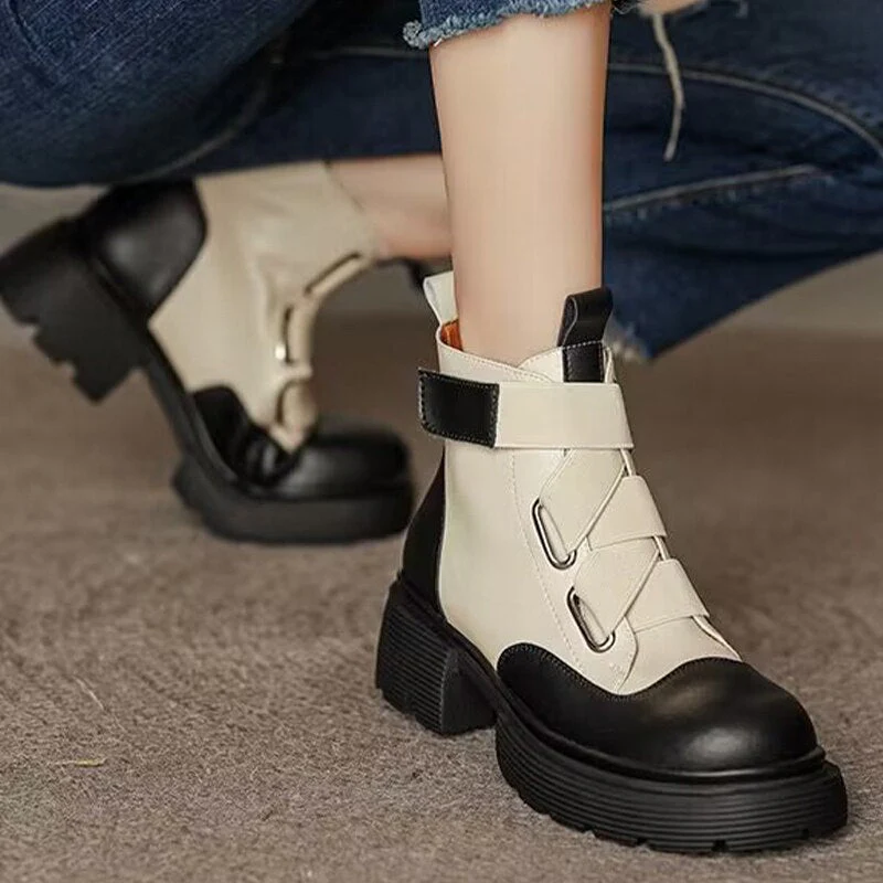 deanwangkt Winter Women Platform Ankle Chelsea Boots New Mid Heels Shoes Chunky Motorcycle Boots Party Designer Gladiator Pumps - Deanwangkt