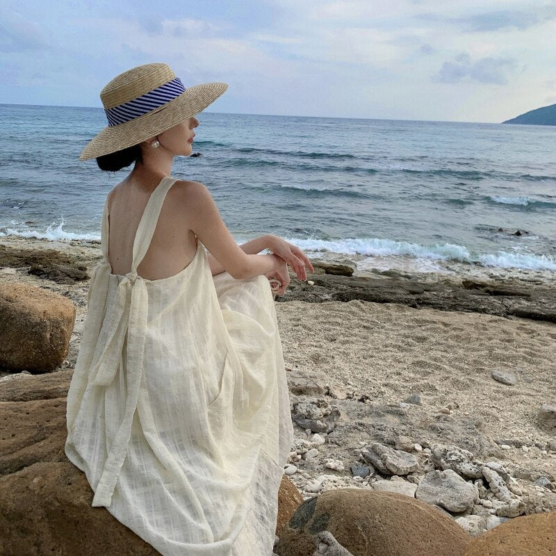 deanwangkt Summer Midi Apricot Slim Square Collar Sleeveless Bandage Slip Dress For Women Elegant Pleated High Waist A-line Party Dresses - Deanwangkt