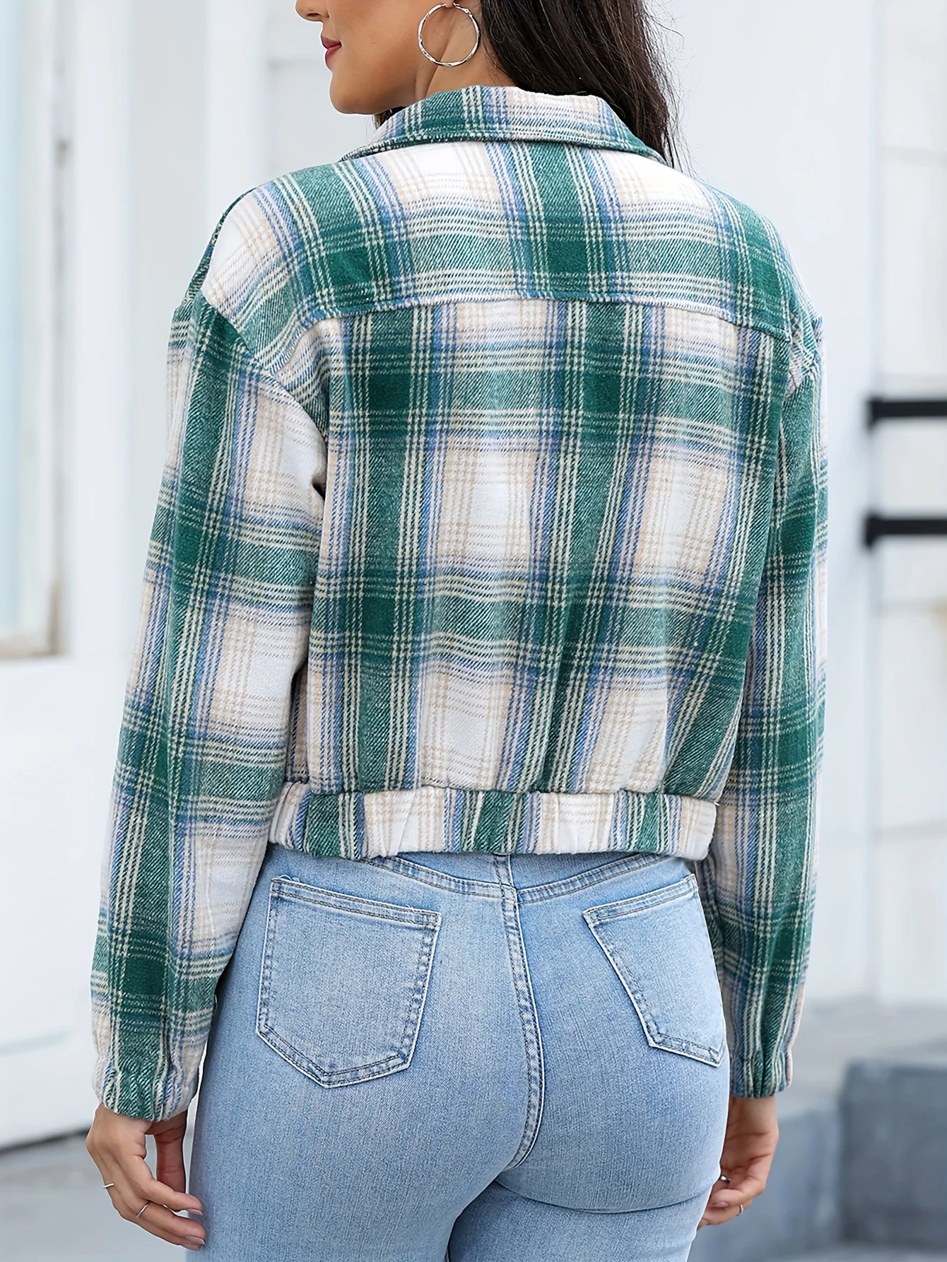 Zip Front Plaid Lapel Jacket, Casual Flap Pockets Long Sleeve Jacket For Fall & Winter, Women's Clothing - Deanwangkt