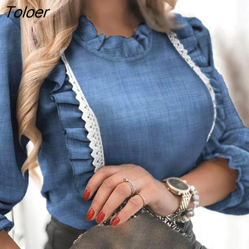 deanwangkt Women's Shirts Lace Ruffles Blouse Elegant Long Lantern Sleeve Shirt Female Top Winter Autumn Office Casual Fashion Ladies Tops - Deanwangkt