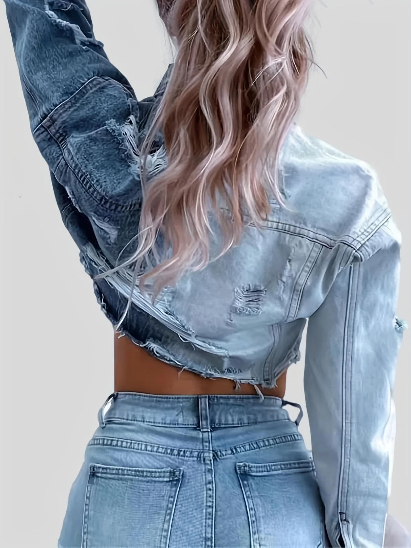 deanwangkt-1  Ripped Color Block Cropped Denim Jacket, Distressed Vintage Style Single-Breasted Long Sleeve Denim Coat, Women's Denim Jeans & Clothing - Deanwangkt