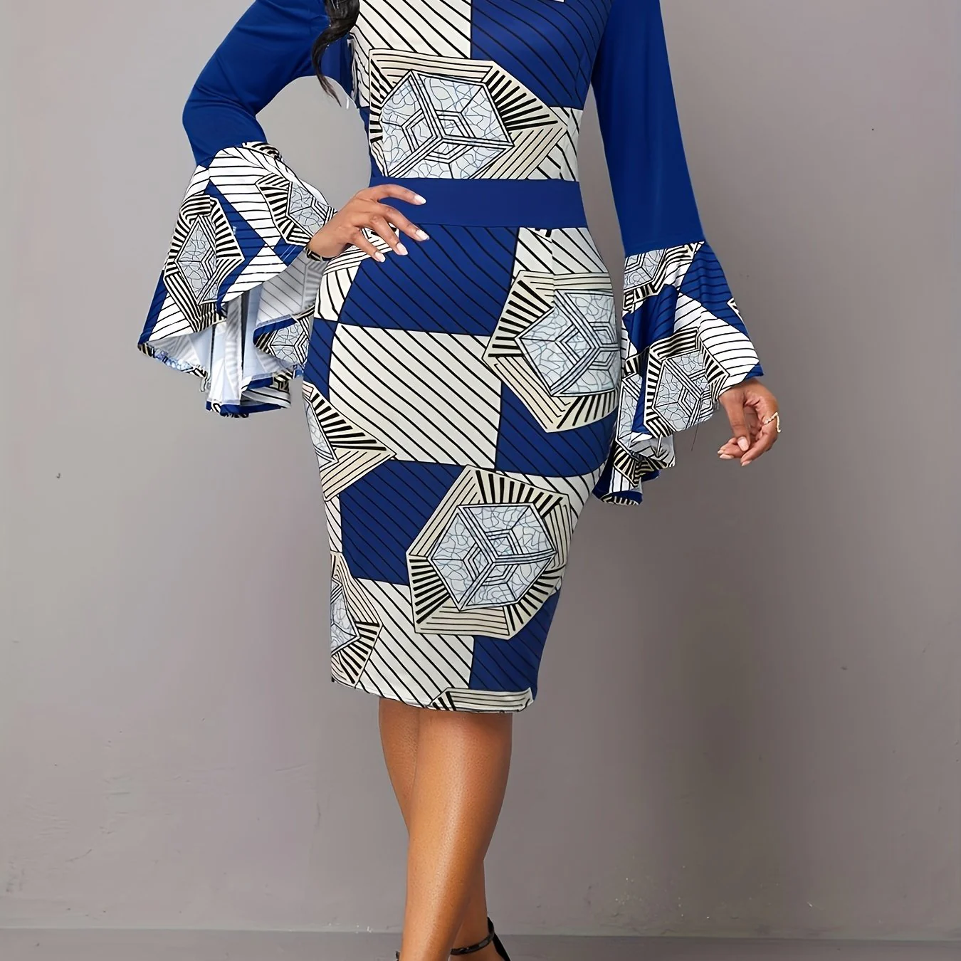 Color Block & Striped Bodycon Dress, Elegant Flared Sleeve Dress, Women's Clothing - Deanwangkt