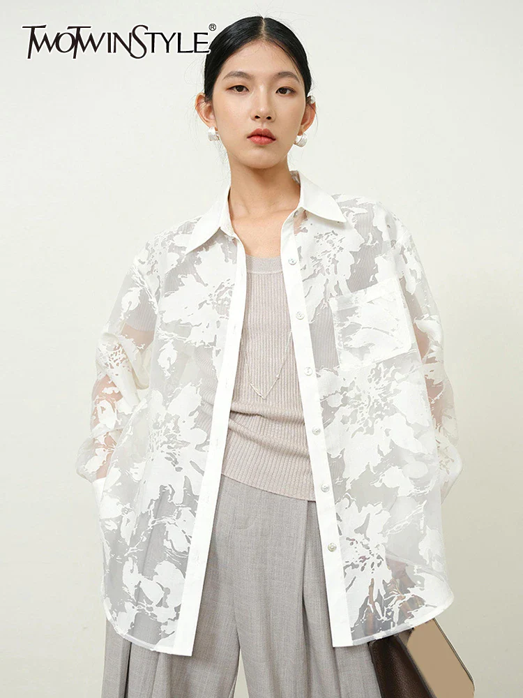 deanwangkt Summer Patchwork Sheer Mesh Shirt For Women Lapel Long Sleeve Solid Blouses Female Fashion Clothing Style New - Deanwangkt