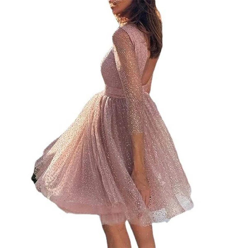 deanwangkt Women's Dress for New Year Christmas Party Dot Print O-neck Long Sleeve Double-layer Gauze Stitching Elegant Dress - Deanwangkt