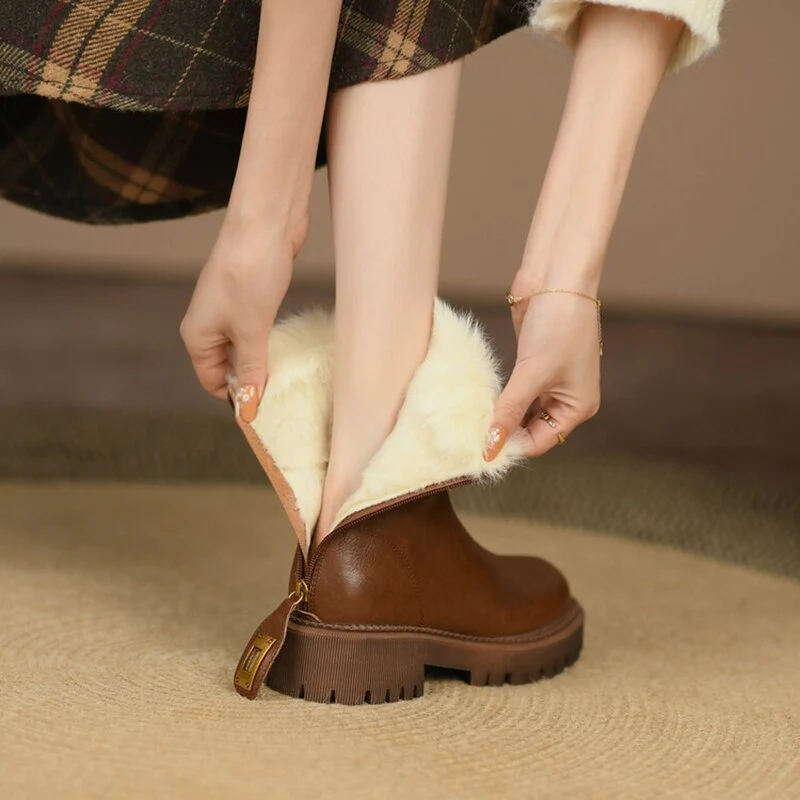 deanwangkt Autumn Boots    Winter Women Boots Round Toe Chunky Boots for Women Split leather Shoes Women Thick Heel Boots Wool Blend Warm Boots Snow Boots - Deanwangkt