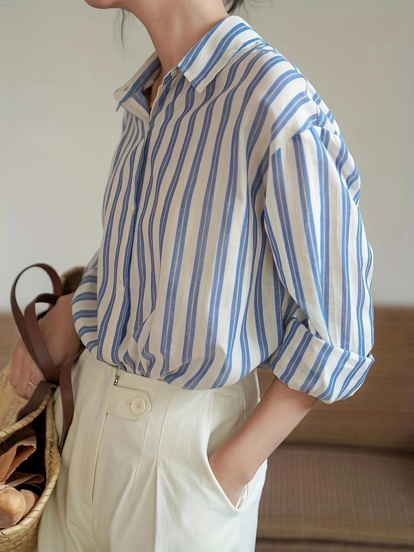 Striped Button Front Shirt, Elegant Long Sleeve Lapel Shirt, Women's Clothing - Deanwangkt