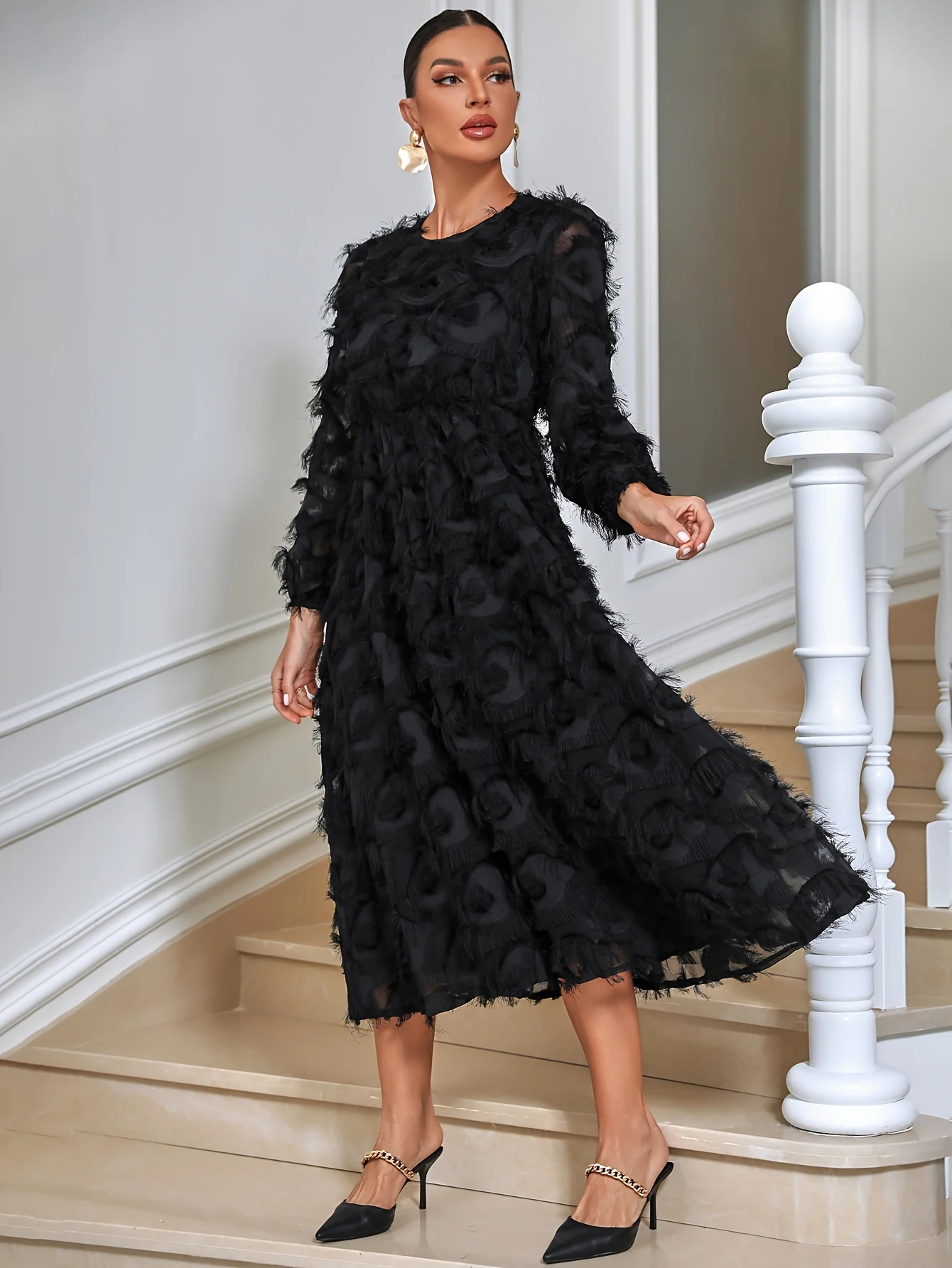 Fuzzy Solid Dress, Elegant Crew Neck Long Sleeve High Waist Dress, Women's Clothing - Deanwangkt