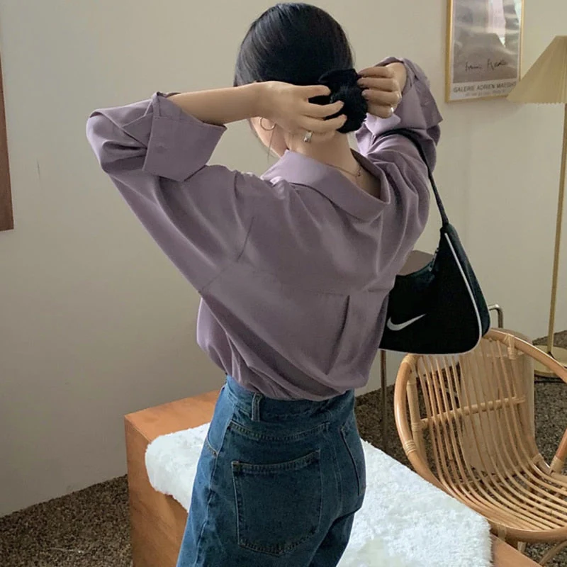 deanwangkt Shirts Women Pure Elegant Office Lady Simple Korean Style Leisure Long Sleeve Blouses Womens All-match Loose Daily Thin Chic New - Deanwangkt