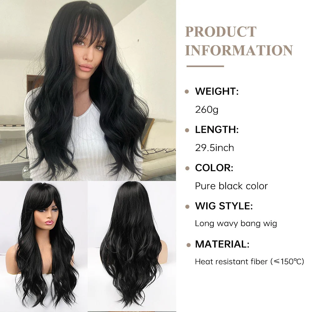 deanwangkt  Long Black Wigs Cosplay Body Wave Synthetic Wigs With Bangs For White/Black Women Brazilian American Natural Hair - Deanwangkt