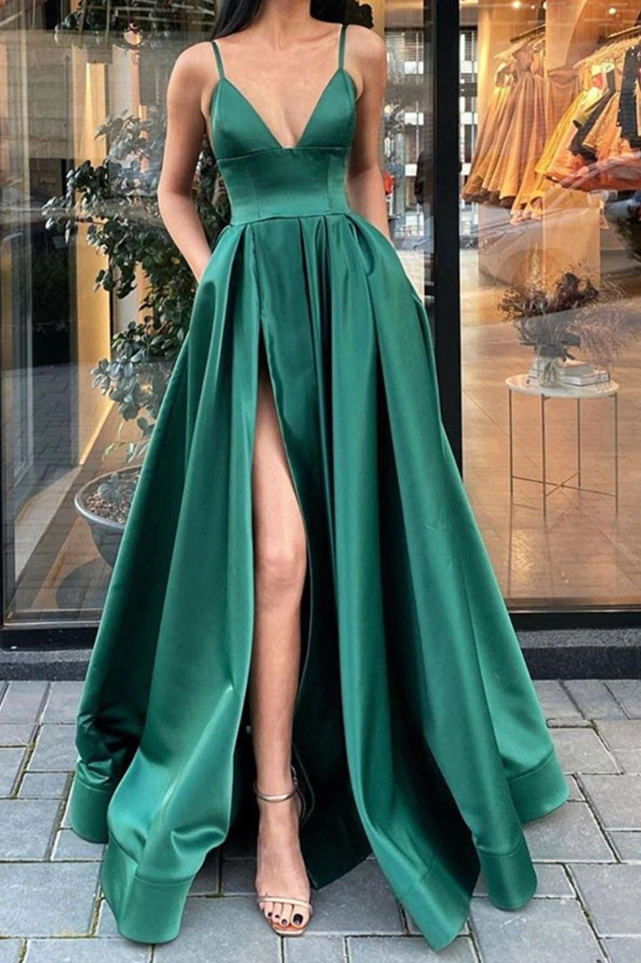 solvbao Green Satin Long Prom Dresses, Simple A-Line Evening Dresses - Deanwangkt