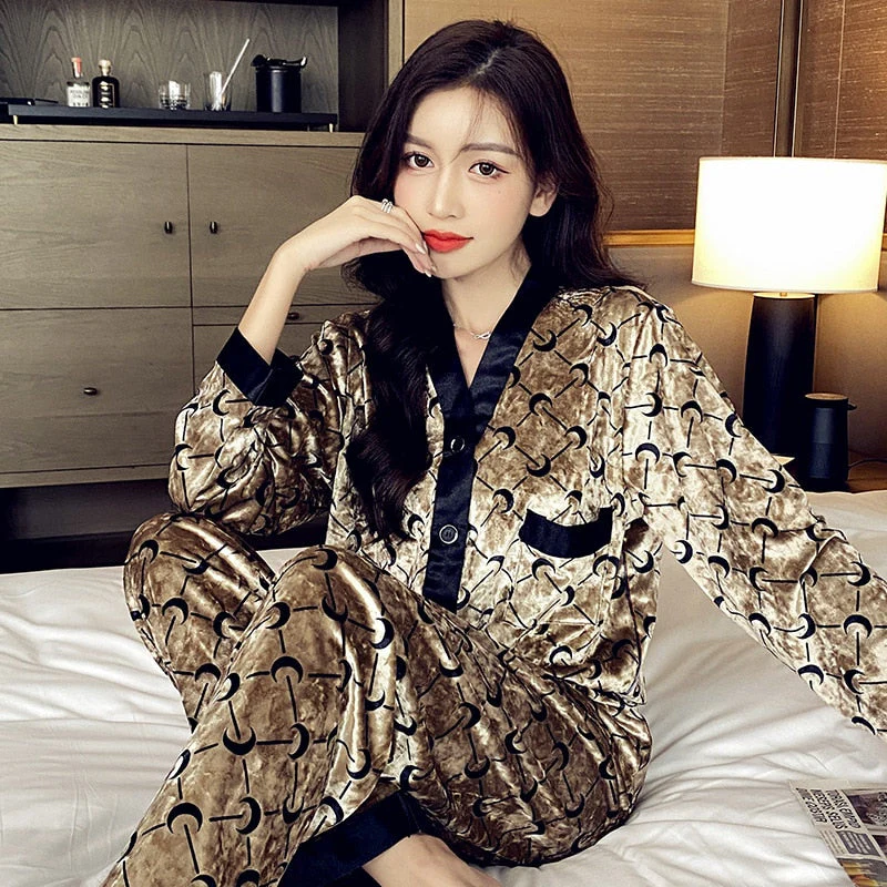 deanwangkt High Quality Women's Pajamas Set Luxury Style Sleepwear Silk Like Casual Homewear V Neck Nightwear Luxury Pyjamas New - Deanwangkt