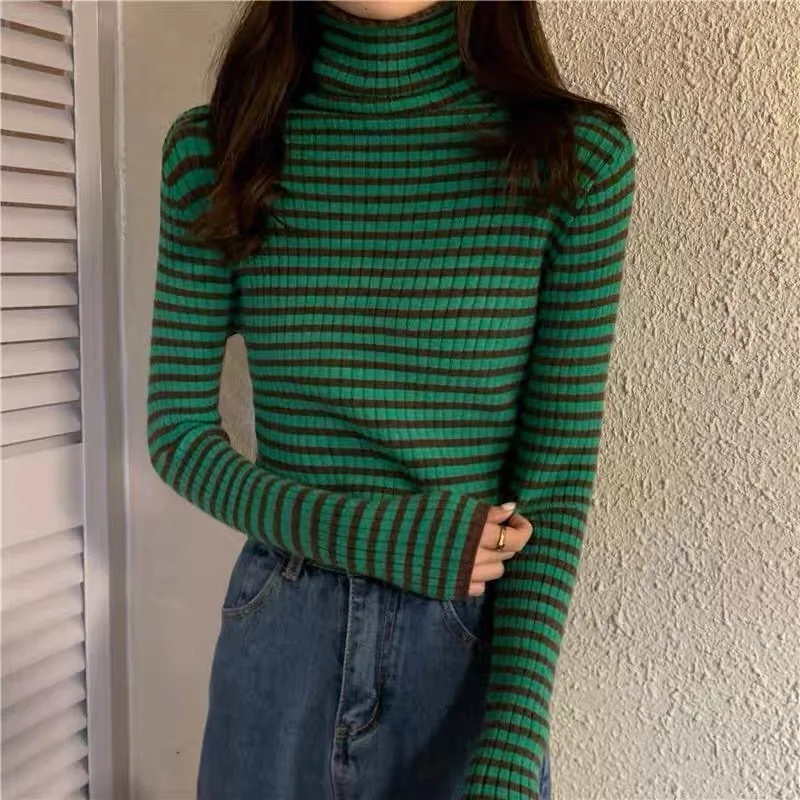 deanwangkt New Black Striped Sweater Women Knitted Pullover Autumn Long Sleeve Turtleneck Knitwear Korean Bottoming Shirt Stretch Jumpers - Deanwangkt