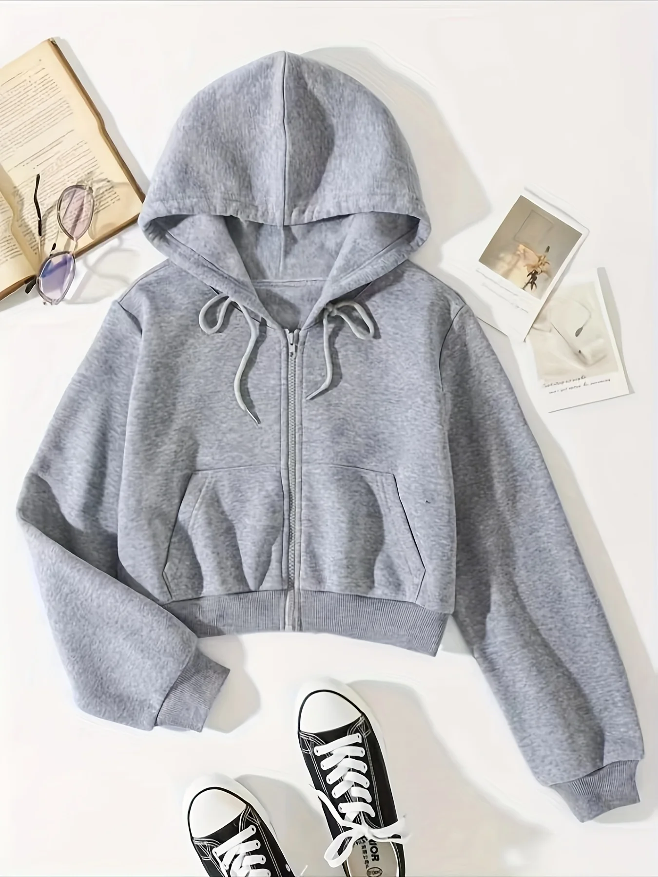 Solid Drawstring Zip Up Thermal Lined Crop Hoodie Sweatshirt, Long Sleeve Pocket Front Sweatshirt, Women's Tops - Deanwangkt