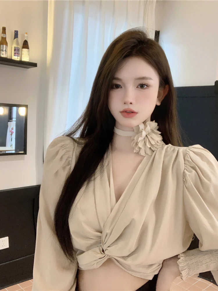 deanwangkt Temperament Tops Female V-neck Puff Sleeve Floral Blouse for Women Cropped Top  Blusas Mujer De Moda Chic Sexy Shirts 27m412 - Deanwangkt