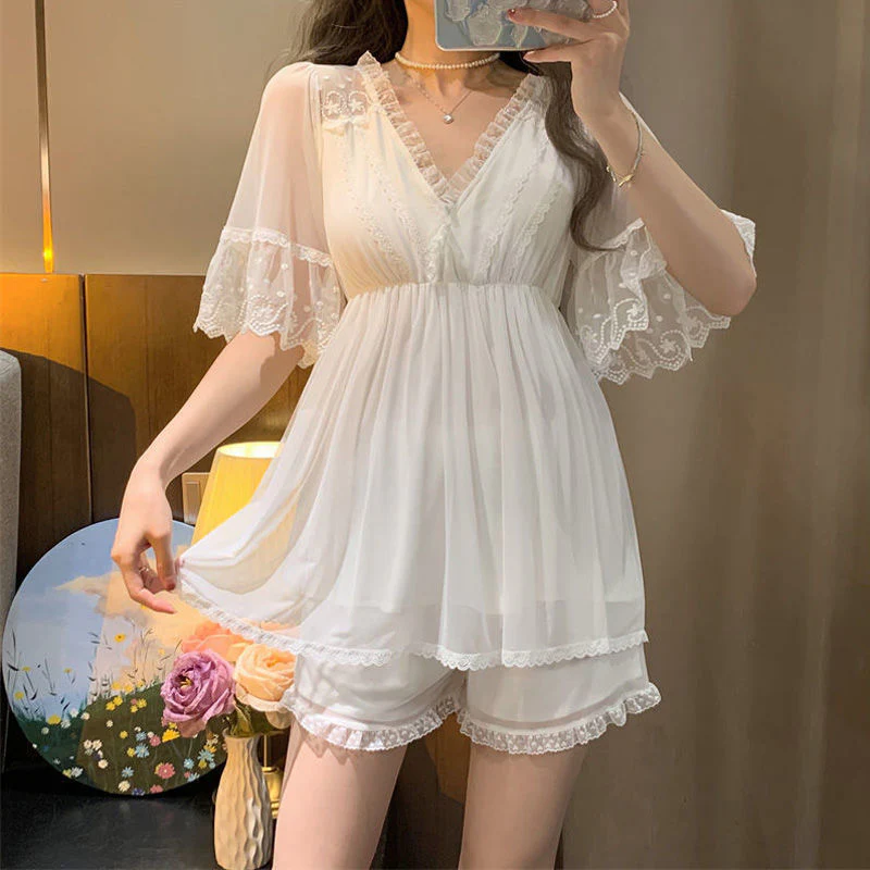 Sleepwear Women Nightwear Women's Sweet New Summer Long-sleeved Sexy Lace Home Clothes Night Gown Sleep Dress - Deanwangkt