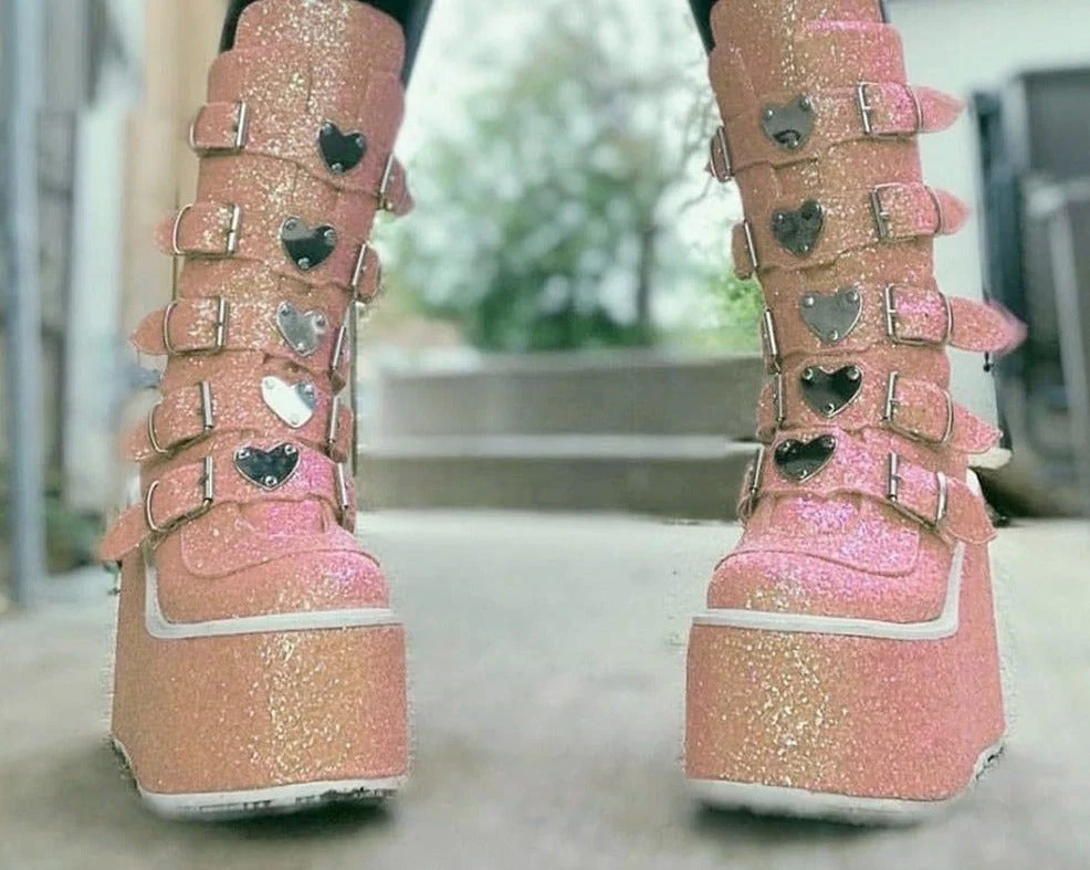 DEANWANGKT Platform Wedges Combat Women Boots Sequins Sequin Glitter Zipper Punk Cool Motorcycle Ladies Shoes - Deanwangkt
