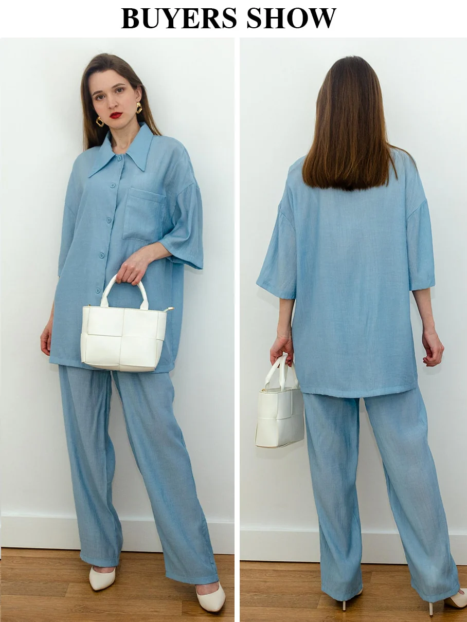 deanwangkt Causal Loose Trouser Suits Autumn Short Sleeve Blouse With High Wasit Pants Set Women Elegant Brown 2 Piece Pants Sets - Deanwangkt