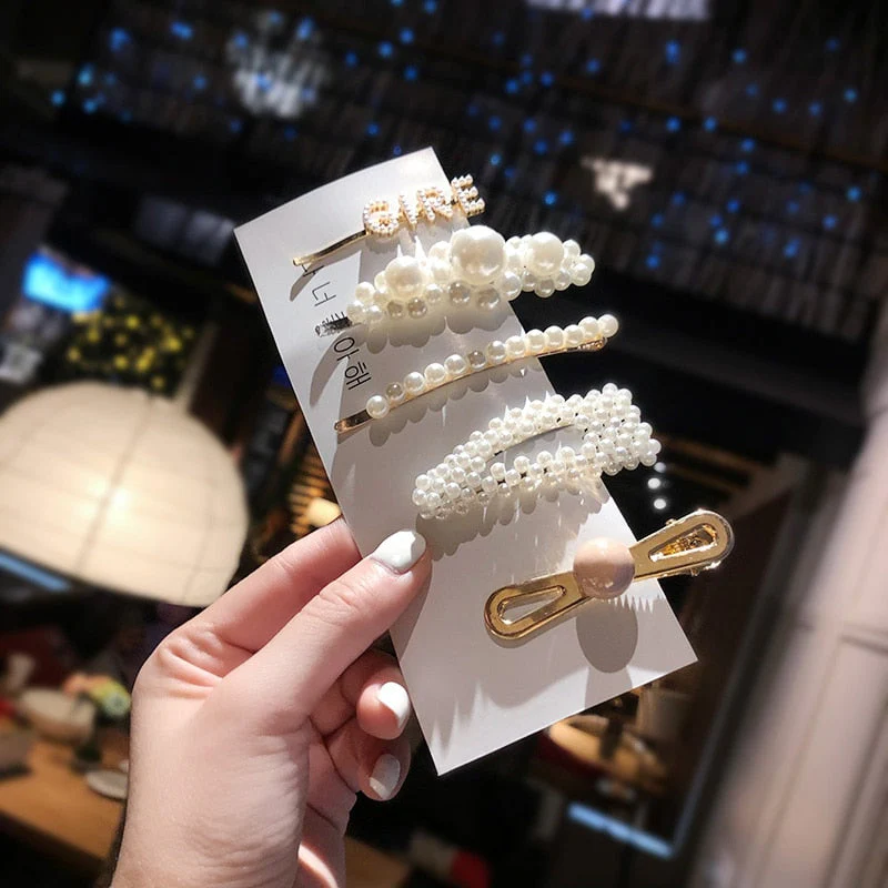 3/4/5pcs/Set Women Girls Elegant Full Pearls Geometric Hair Clips Sweet Hair Ornament Hairpin Barrette Headband Hair Accessories - Deanwangkt