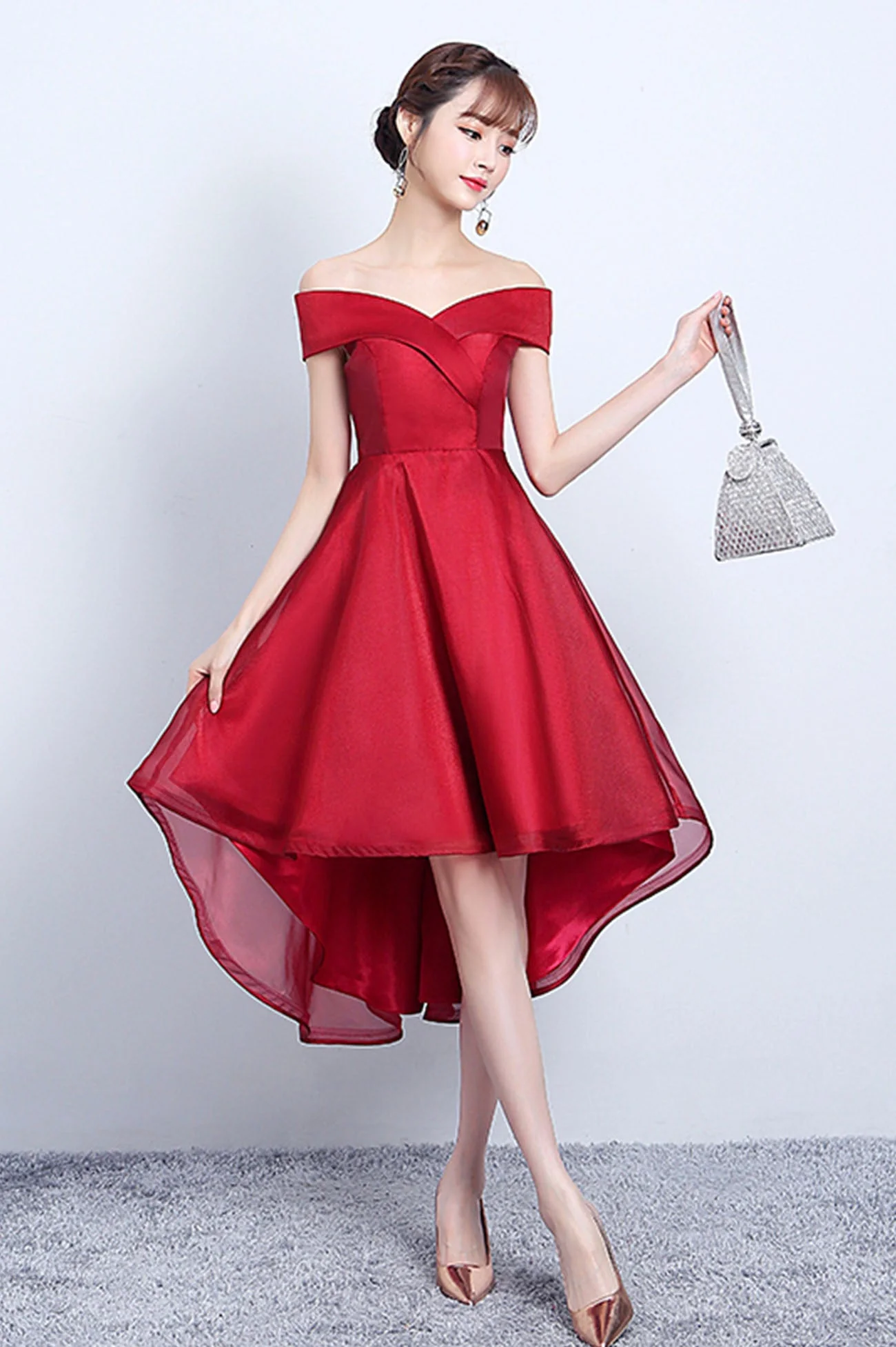 solvbao Red V-Neck Tulle High Low Prom Dress, Off the Shoulder Party Dress - Deanwangkt