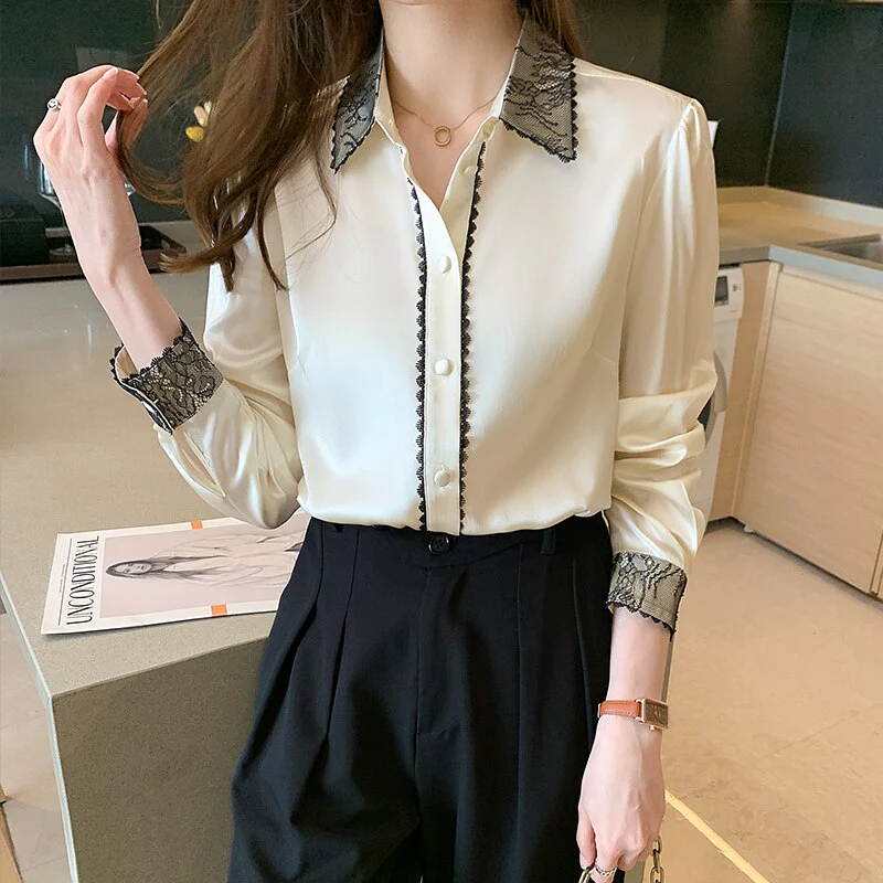 deanwangkt elegant lace shirts office ladies Women's Blouses  Spring Autumn Long Sleeve Shirts Tops Blusas Mujer - Deanwangkt